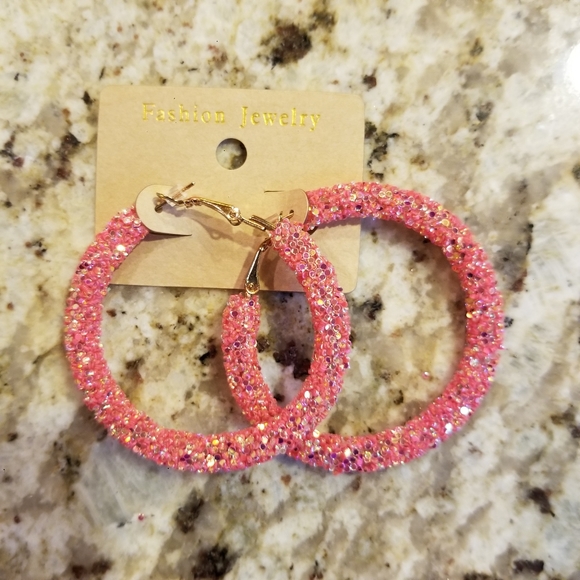 BE Unforgettable Jewelry - Pink Coral Big Circle Hoop Glitter Earring NWT